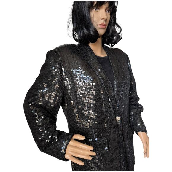 American Vtg Black Silk Sequined Formal Occasion one button Blazer coat medium - Picture 5 of 17